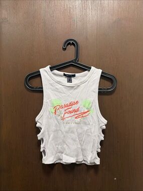 Forever 21 White Ribbed 'Paradise Found' Graphic Crop Tank